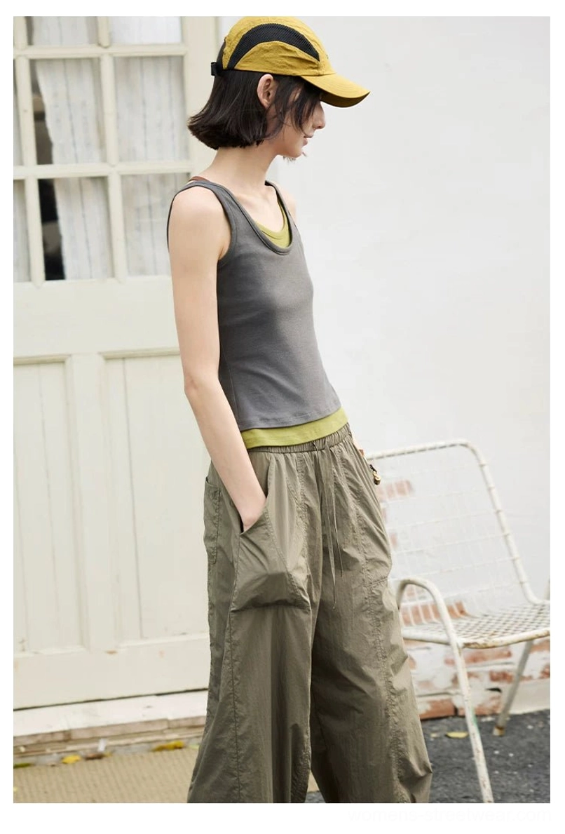 Contrast layered scoop neck fitted streetwear tank top product styling view