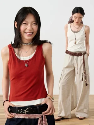 Contrast layered scoop neck fitted streetwear tank top shown in front half-body and full-body studio styling views