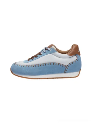 Blue and white contrast-stitch platform sneakers shown from a right side three-quarter angle on a white studio background