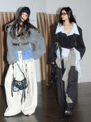Women's wide leg cargo pants styled in a deconstructed urban streetwear outfit with contrast stitching, utility pockets, layered tops, crossbody bag, and statement accessories