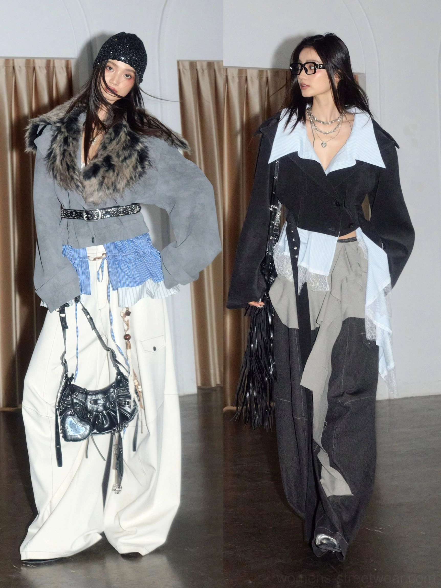 Women's wide leg cargo pants styled in a deconstructed urban streetwear outfit with contrast stitching, utility pockets, layered tops, crossbody bag, and statement accessories