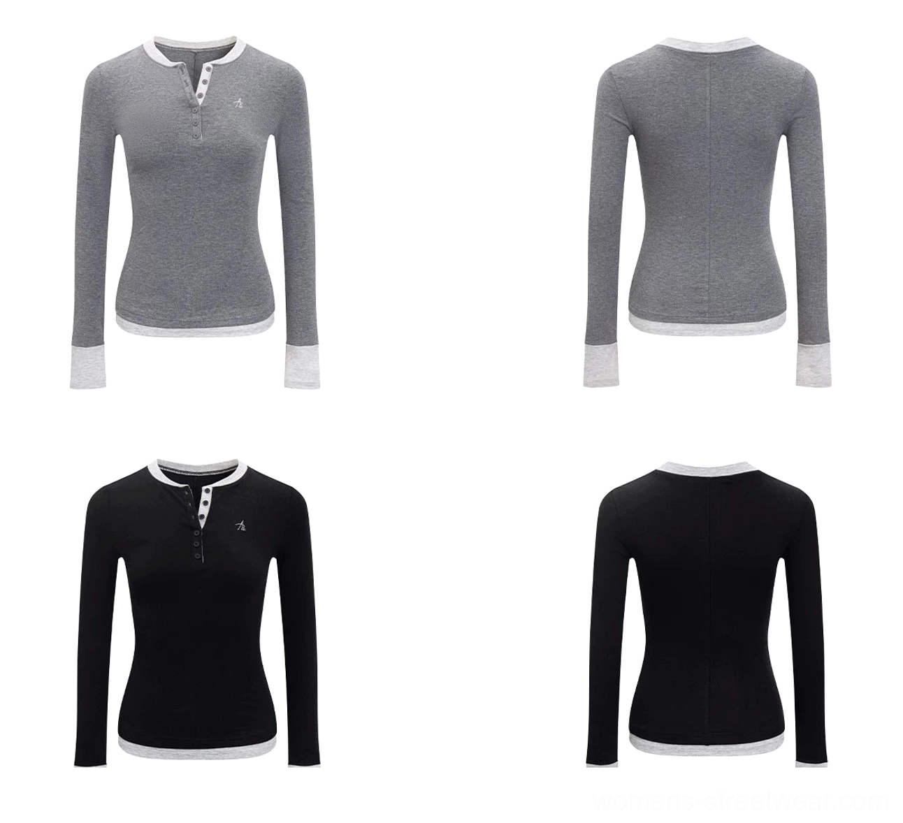 Flower gray and black contrast trim Henley long sleeve top front and back flat lay detail views