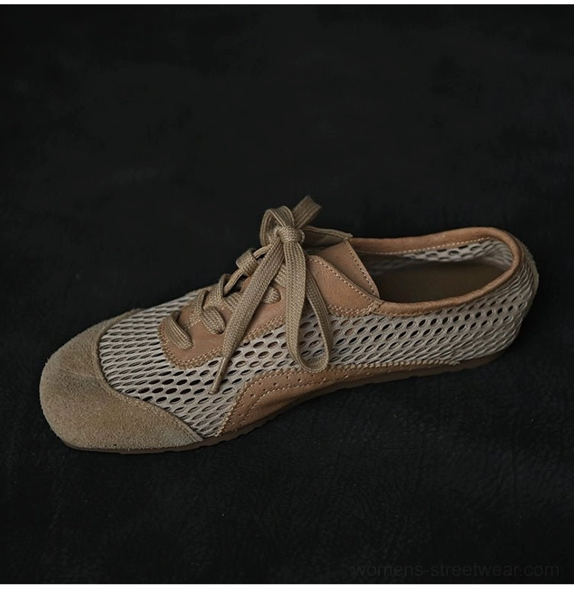 Convertible beige mesh suede lace-up sneakers with a collapsible heel for slide-on wear, suede toe cap, and breathable mesh upper
