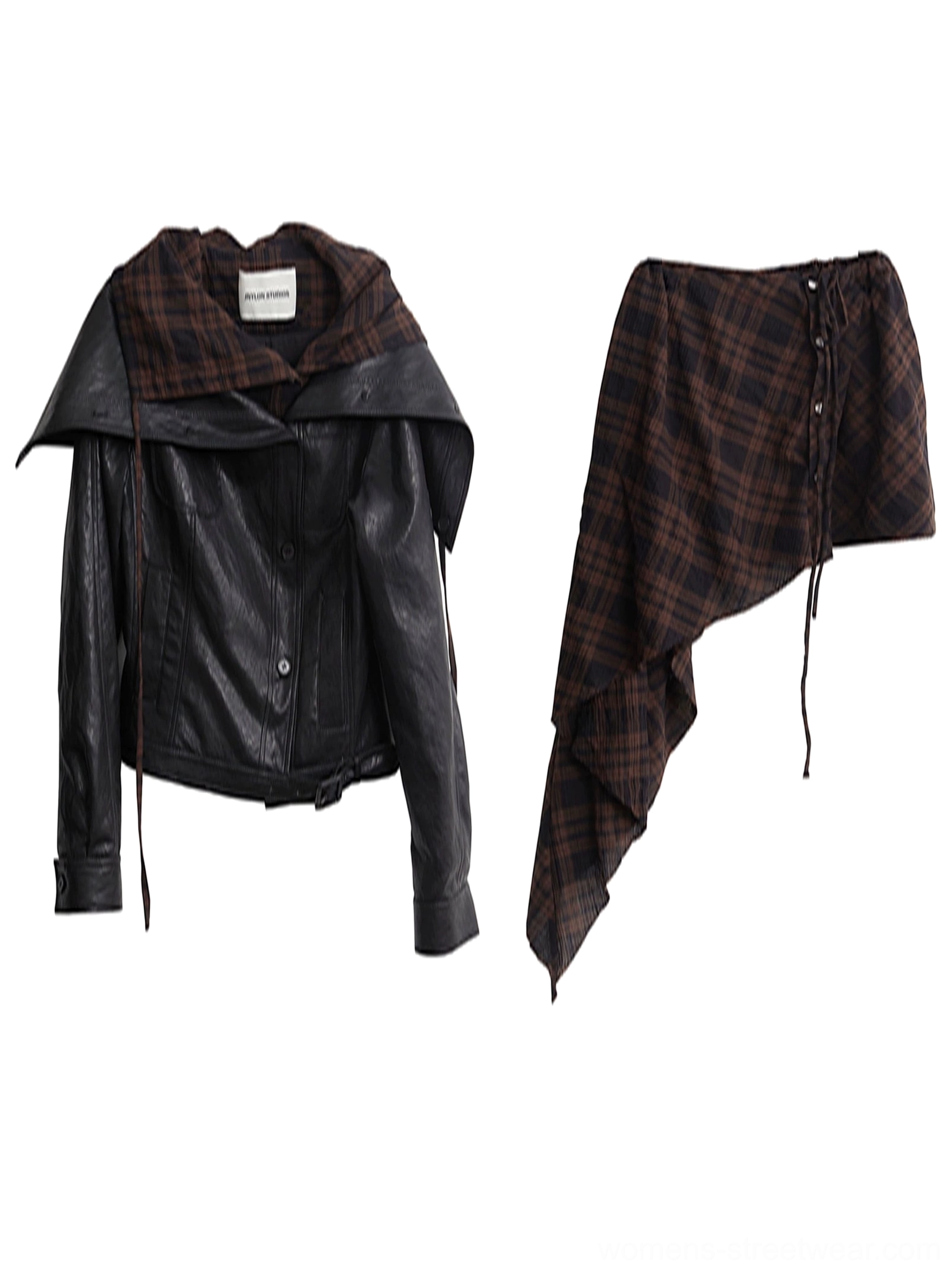 Flat lay view of the convertible two-piece black faux leather jacket and asymmetric dark brown plaid wrap skirt set