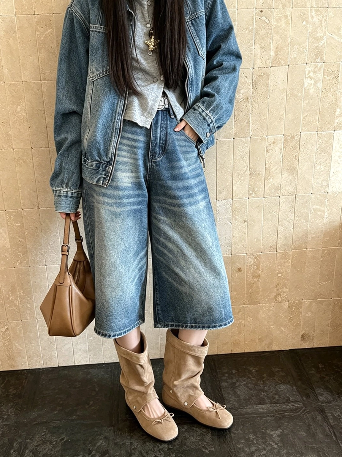 Full denim streetwear outfit styled with apricot convertible bow-wrap slouchy sandal boots