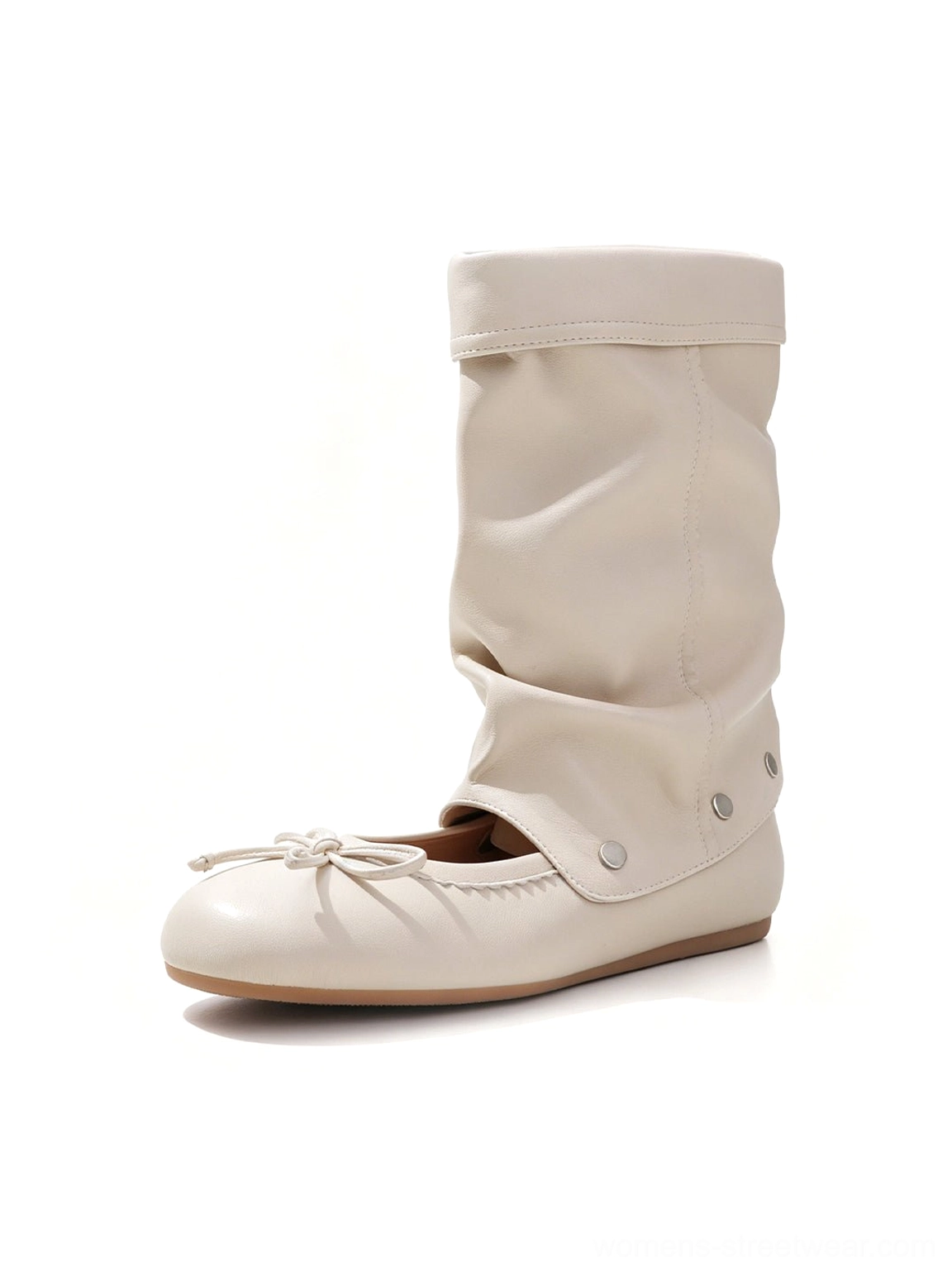 Beige convertible bow-wrap slouchy sandal boots with rounded ballet toe and ruched mid-calf shaft