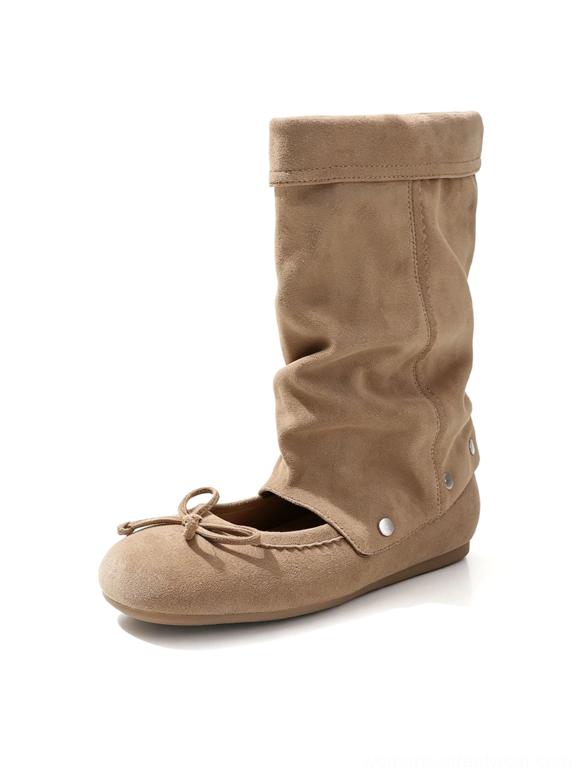 Black convertible bow-wrap slouchy sandal boots with detachable bows and ruched mid-calf shaft front three-quarter view