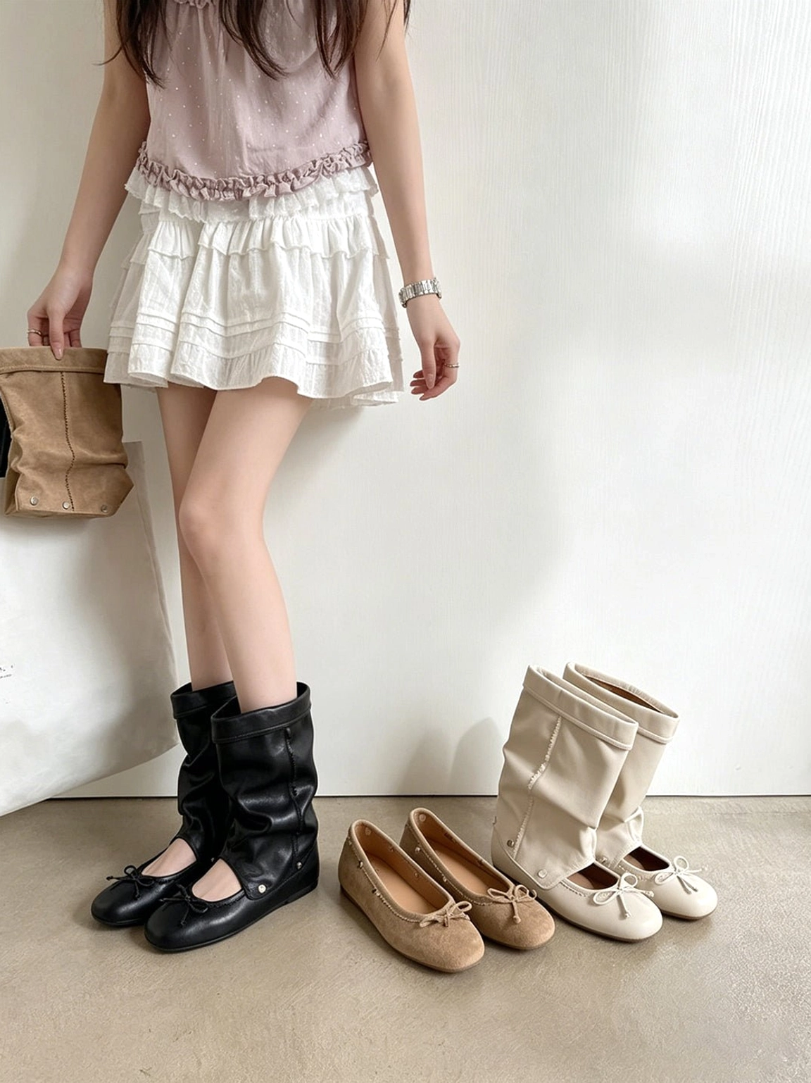 Women's bow-wrap sandal boots with a relaxed slouchy silhouette for everyday city styling
