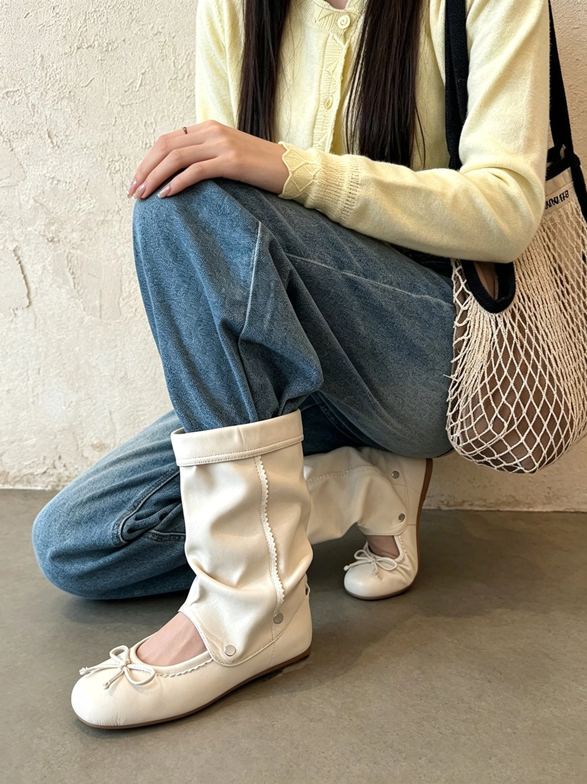 Convertible bow-wrap slouchy sandal boots fashion product image highlighting the gathered mid-calf silhouette