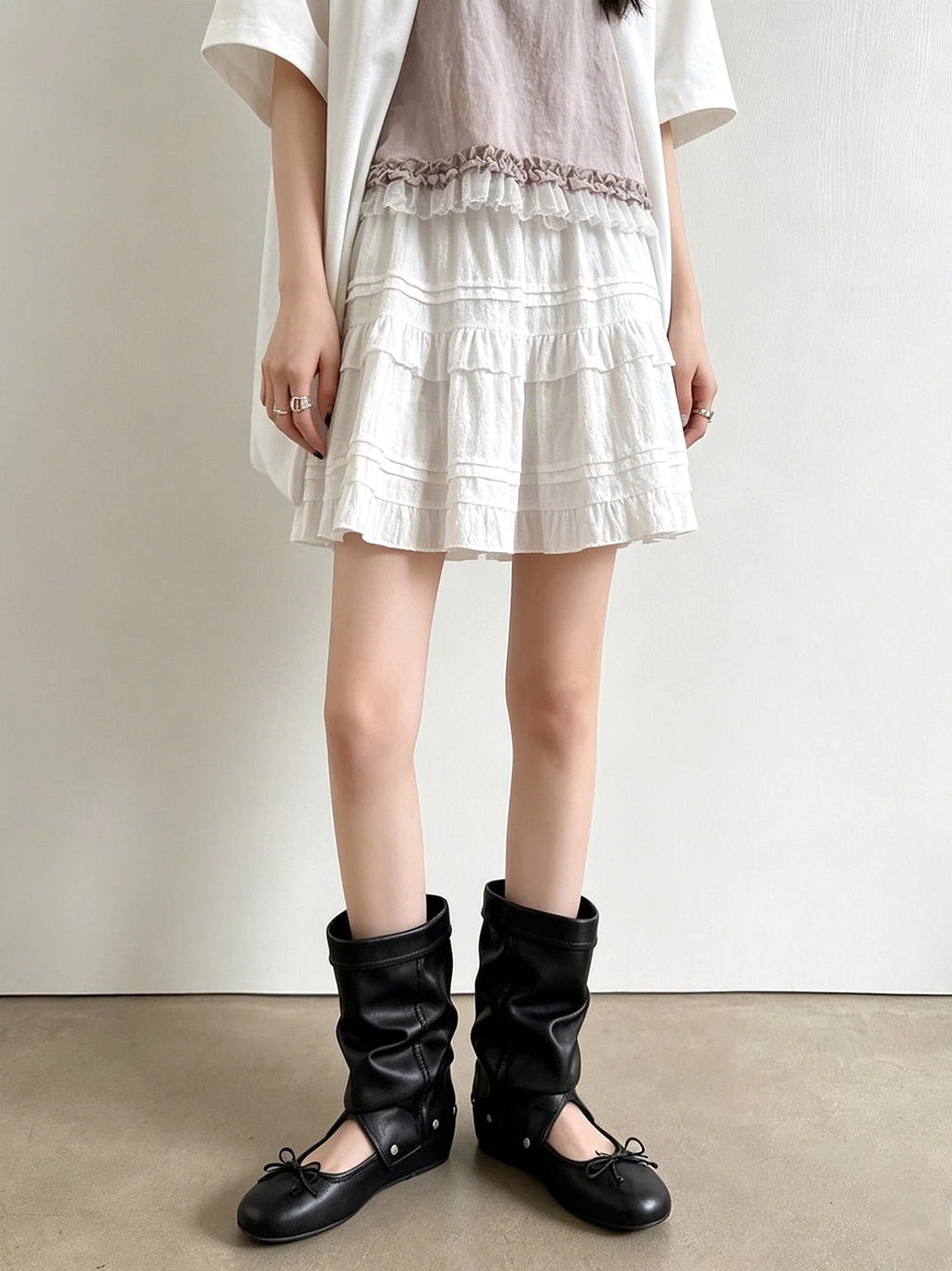 Bow-wrap slouchy mid-calf sandal boots designed for balletcore and Korean streetwear outfits