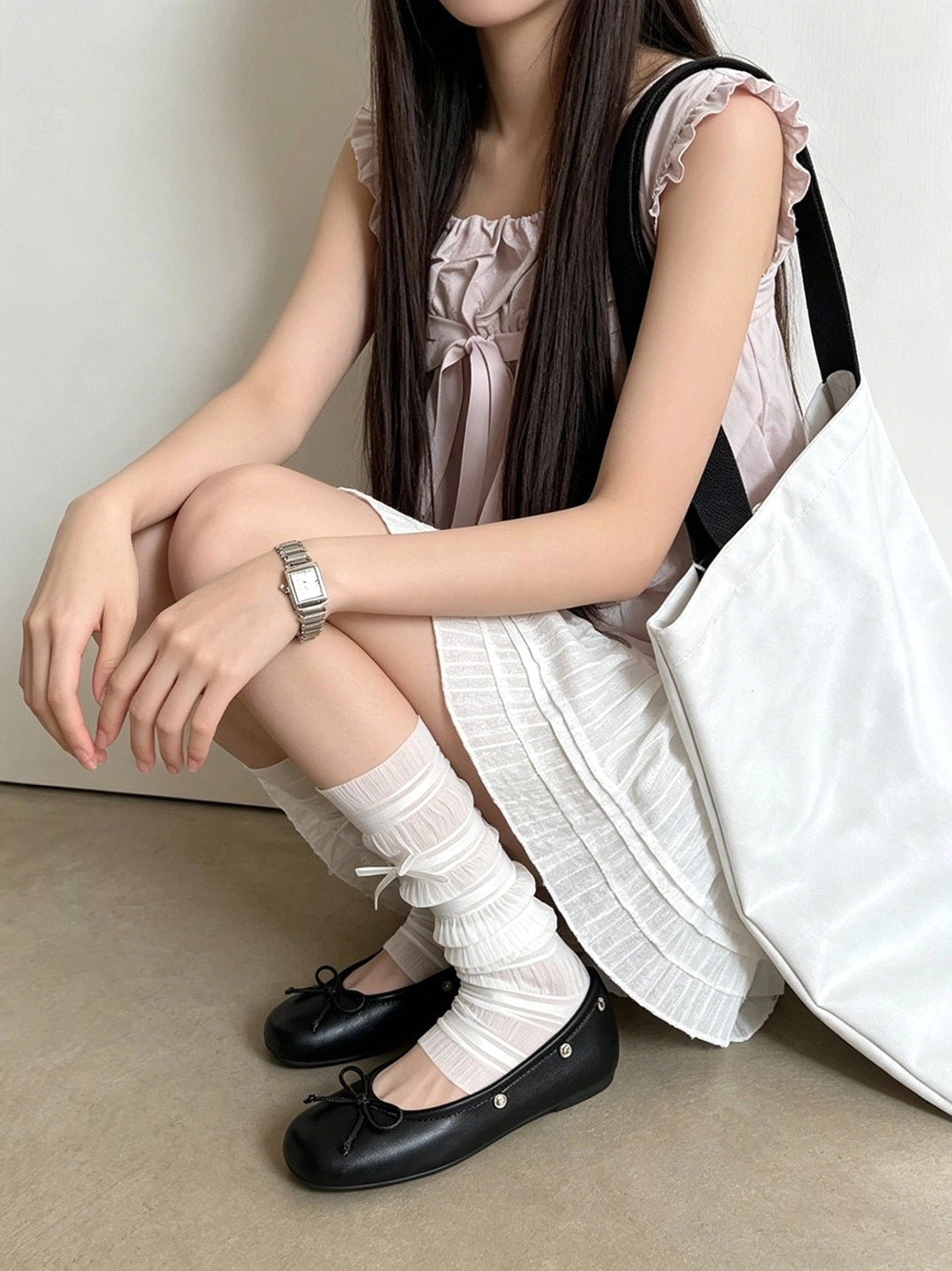 Detailed view of convertible bow-wrap slouchy sandal boots with rounded toe and ruched upper