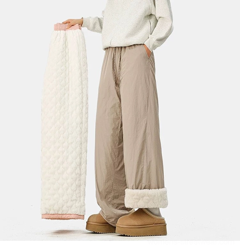 Convertible crinkled shell pants with warm fleece interior and casual Seoul-inspired wide-leg streetwear styling