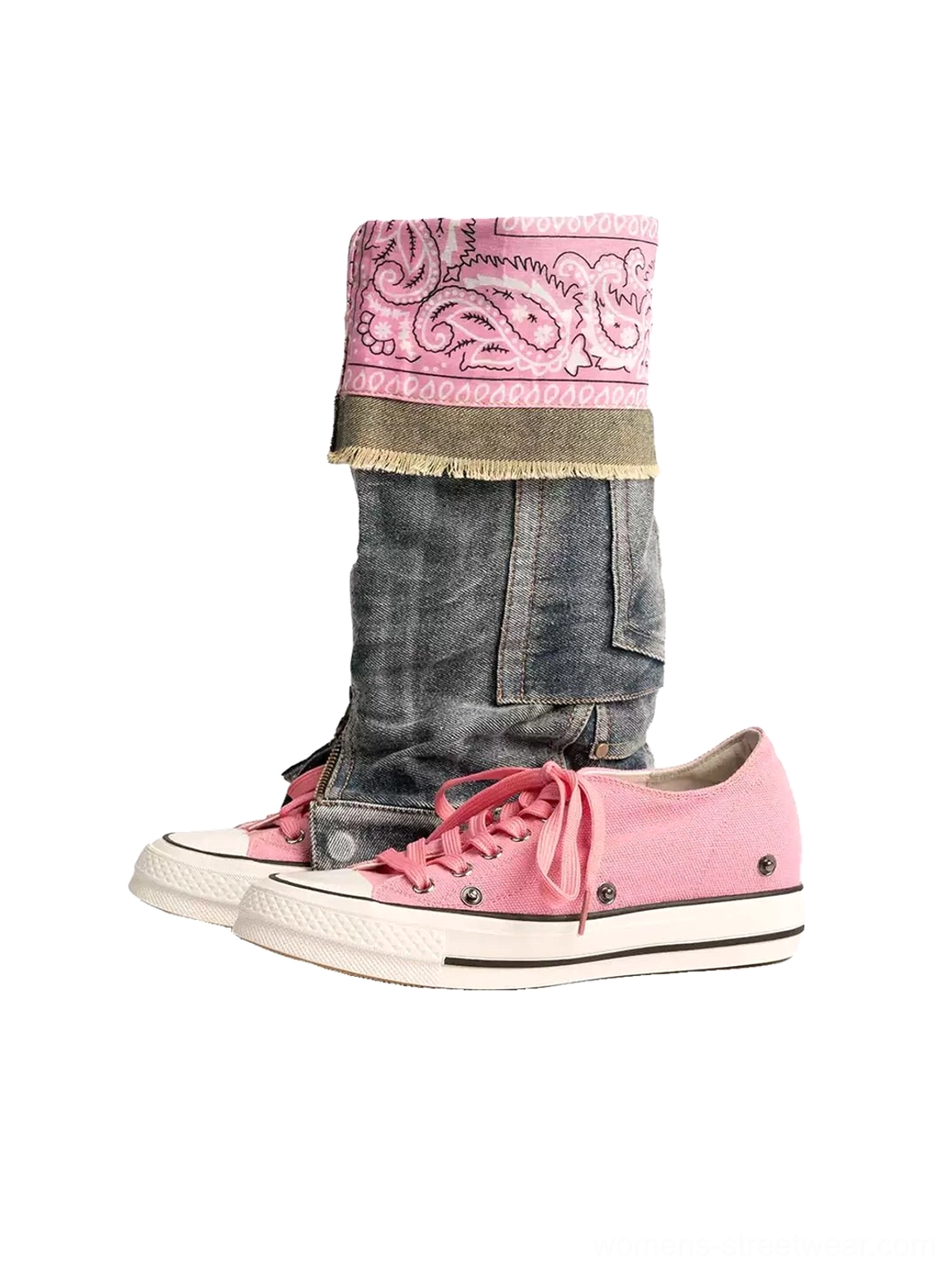 Pink lace-up convertible denim shaft colorblock canvas boots with washed denim uppers, rolled paisley cuffs, and side zipper