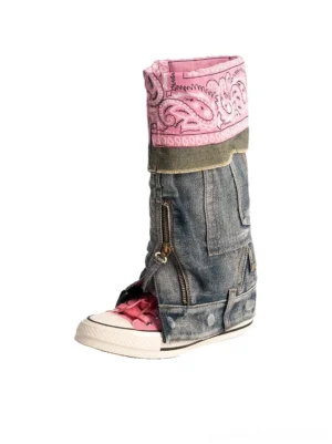 Pink convertible denim shaft colorblock canvas boots with faded denim uppers, paisley cuffs, side zippers, and pink lace-up sneakers