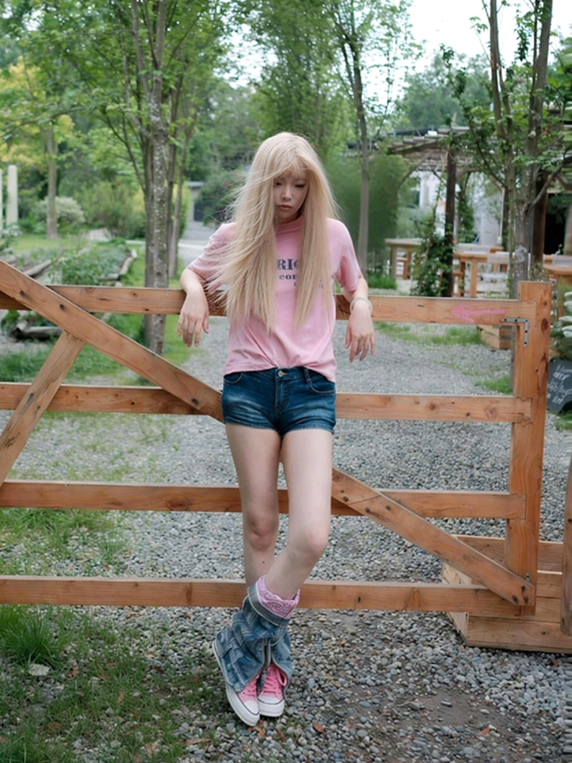 Outdoor Y2K fashion look featuring pink convertible denim shaft colorblock canvas boots with faded denim boot covers