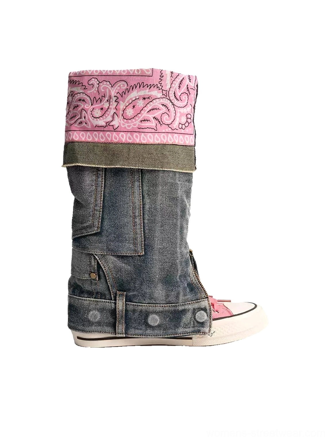 Rear side detail of pink convertible denim shaft colorblock canvas boot showing paisley cuff, back pocket detail, and rubber sole