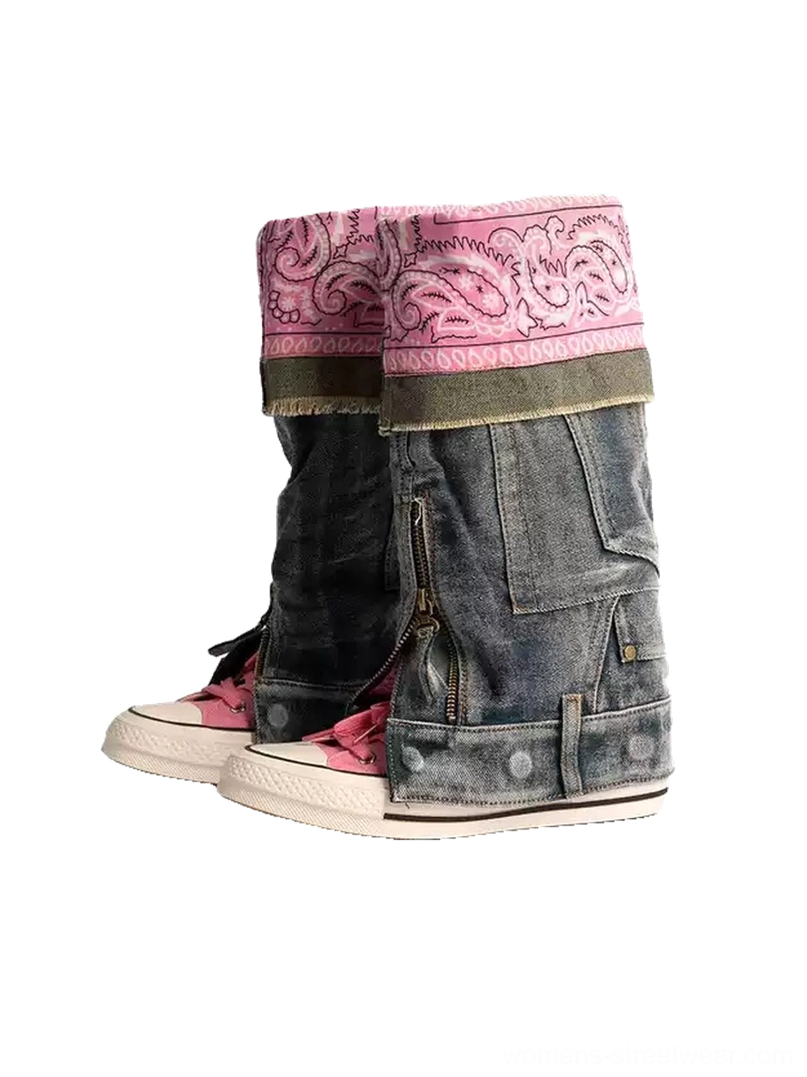 Side view of pink colorblock canvas boots with removable faded denim shafts, paisley cuffs, utility pocket details, and zippers