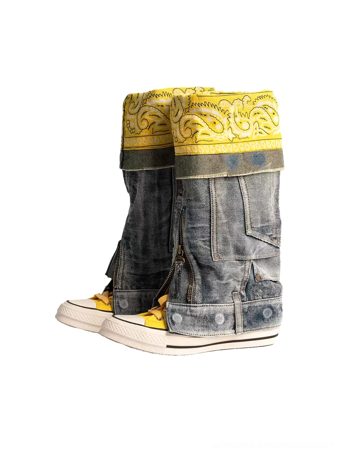 Rear pair view of yellow convertible denim shaft colorblock canvas boots showing yellow paisley cuffs, faded denim, and side zippers