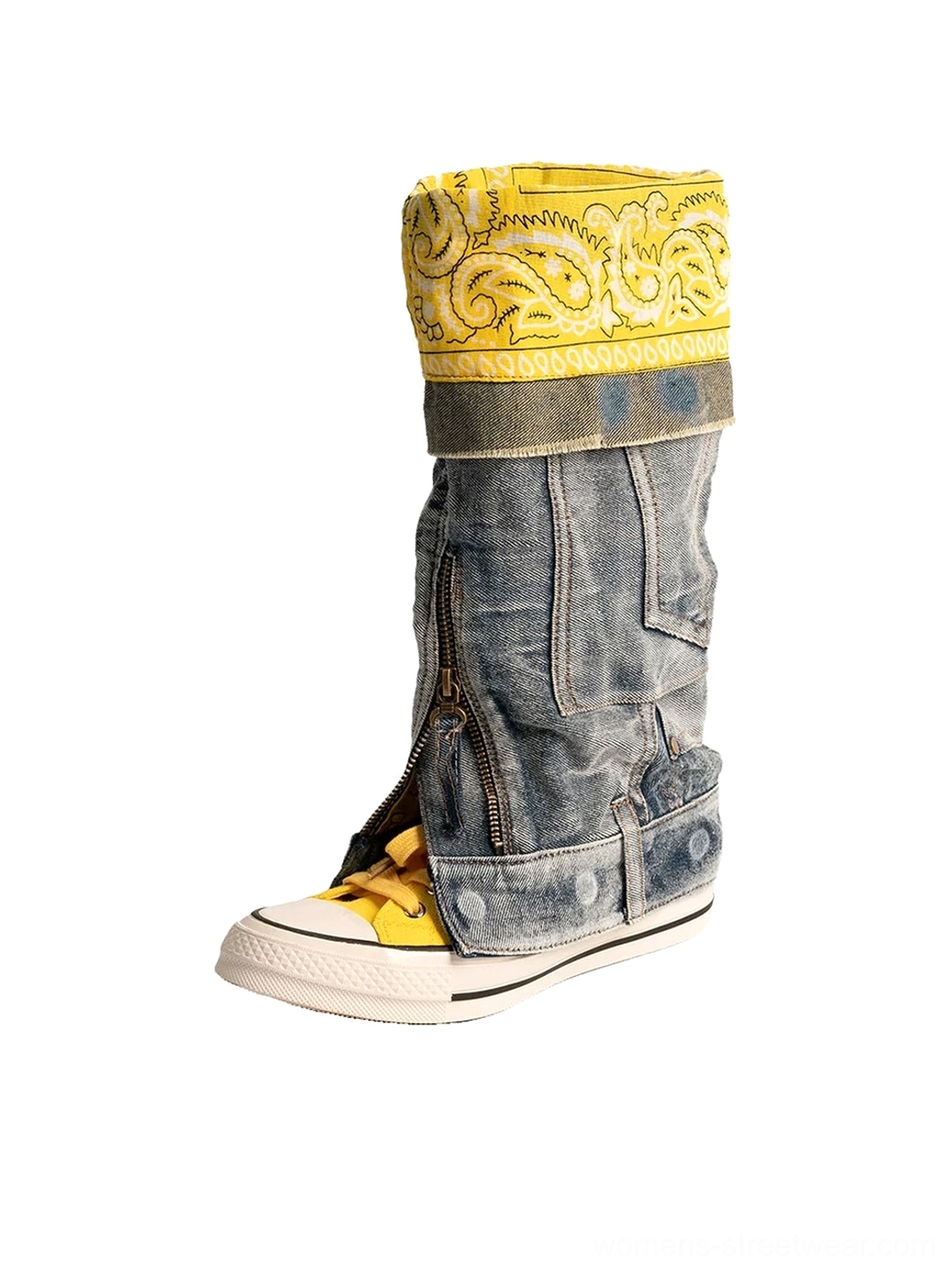 Yellow convertible denim shaft colorblock canvas boots with yellow lace-up sneakers, faded denim shafts, paisley cuffs, and side zipper