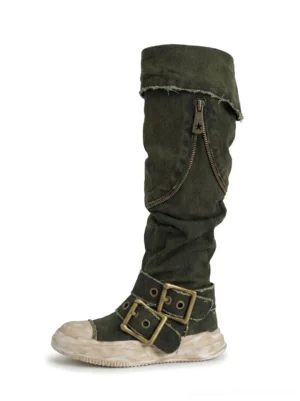 Convertible distressed canvas knee-high buckle boots in washed black white colorway side view on white background