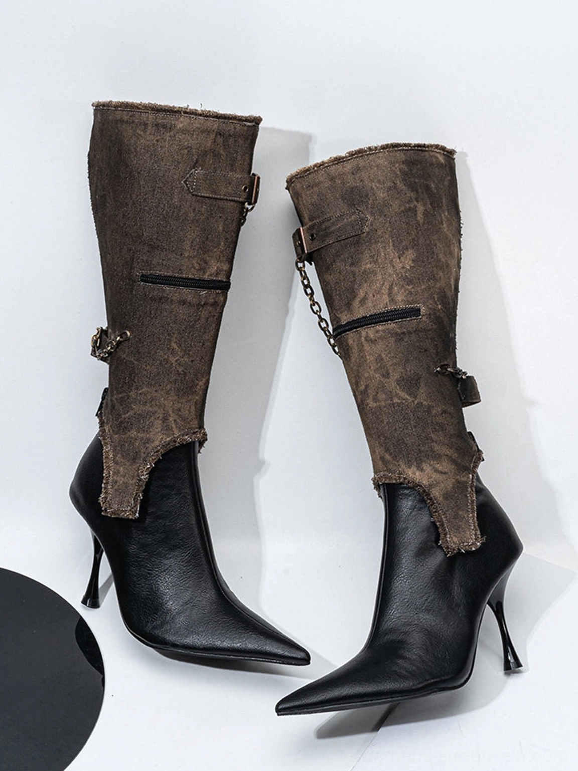 Women's convertible black stiletto boots with distressed shaft and buckle details for modern Seoul-inspired fashion