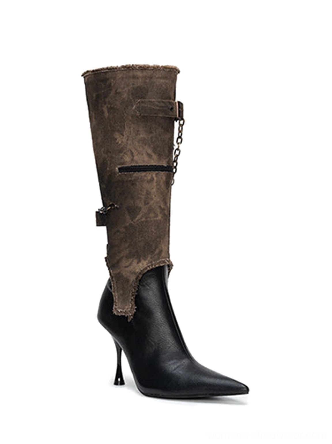 Two-tone pointed toe black stiletto boots with frayed distressed shaft, chain accents, and buckles