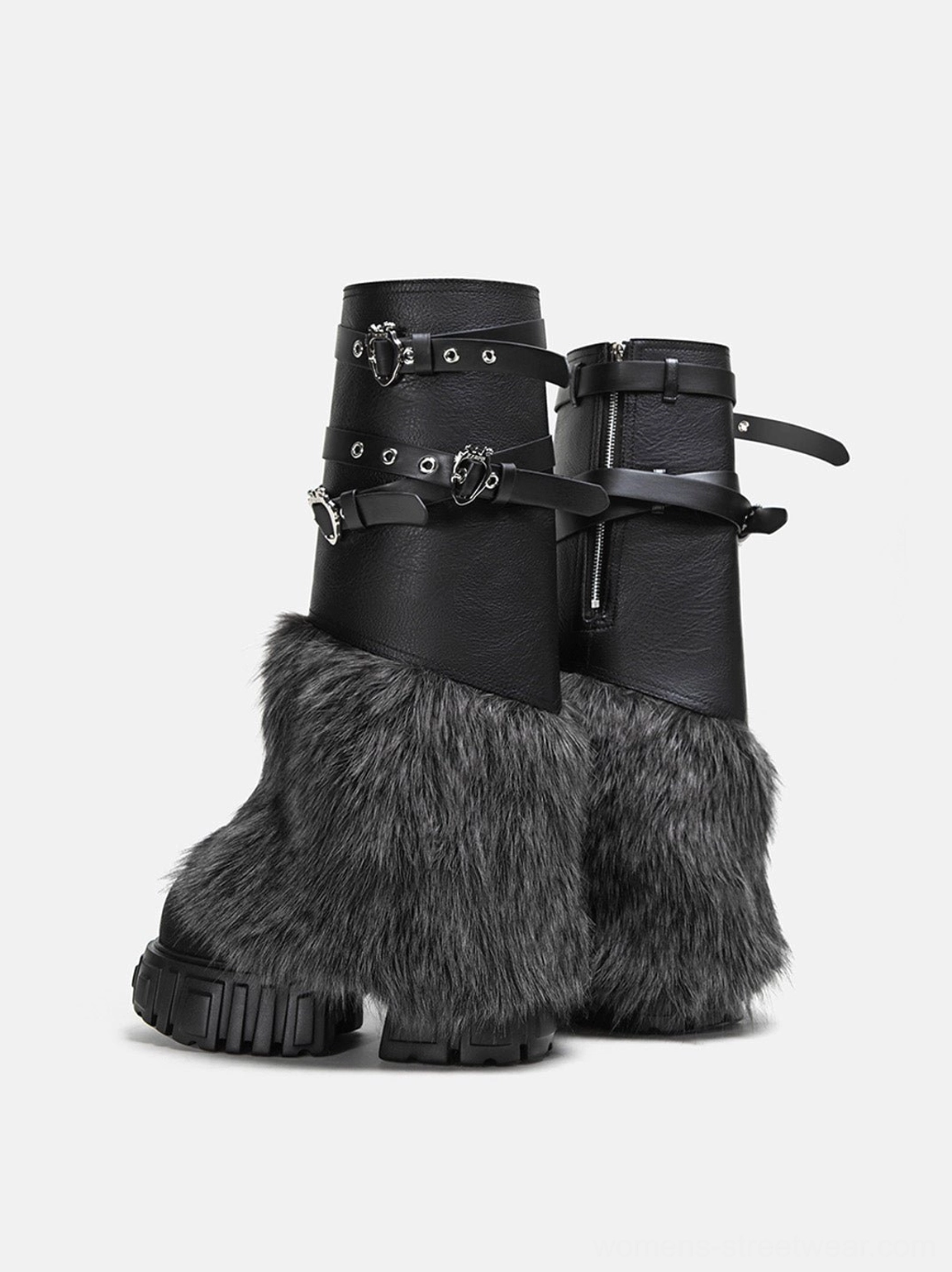 Left side product view of black faux fur platform calf boots showing the layered strap arrangement and synthetic leather upper