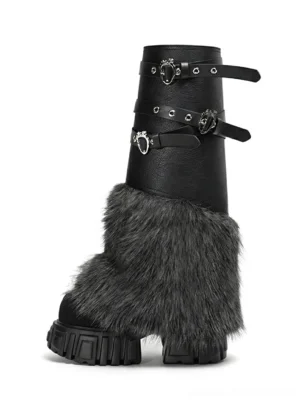 Black convertible faux fur buckle strap platform calf boot shown in left side view with grey furry shaft trim and chunky lug sole