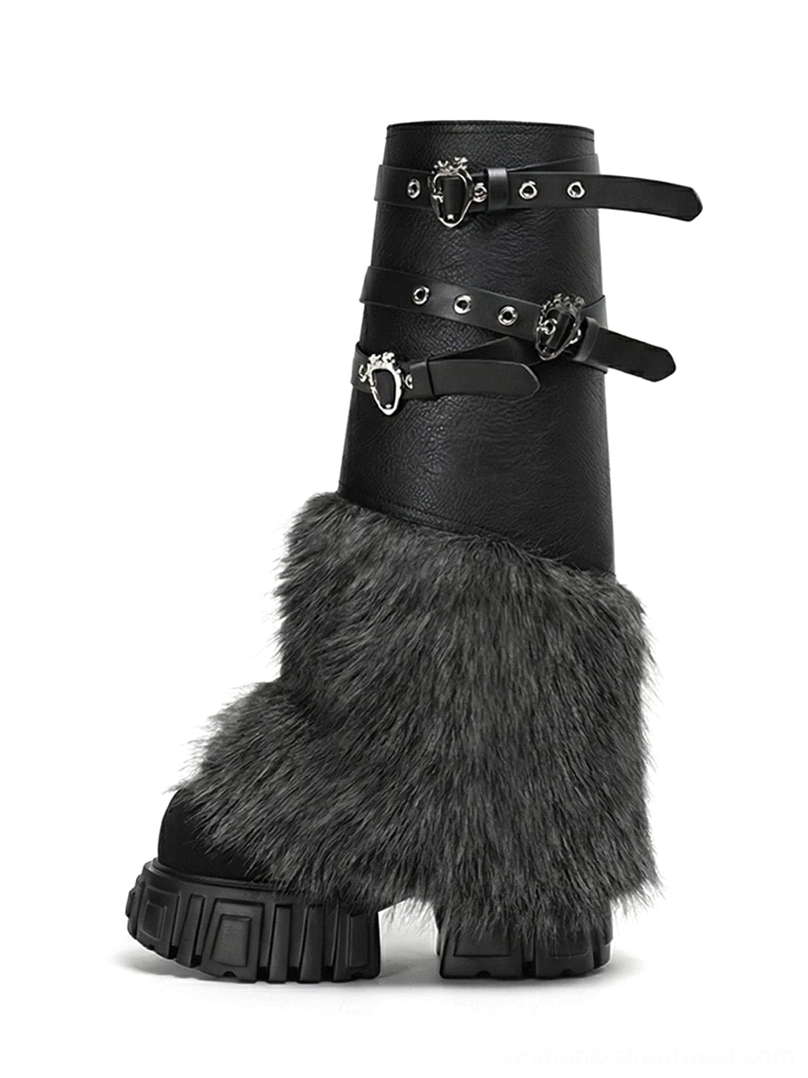 Black convertible faux fur buckle strap platform calf boot shown in left side view with grey furry shaft trim and chunky lug sole