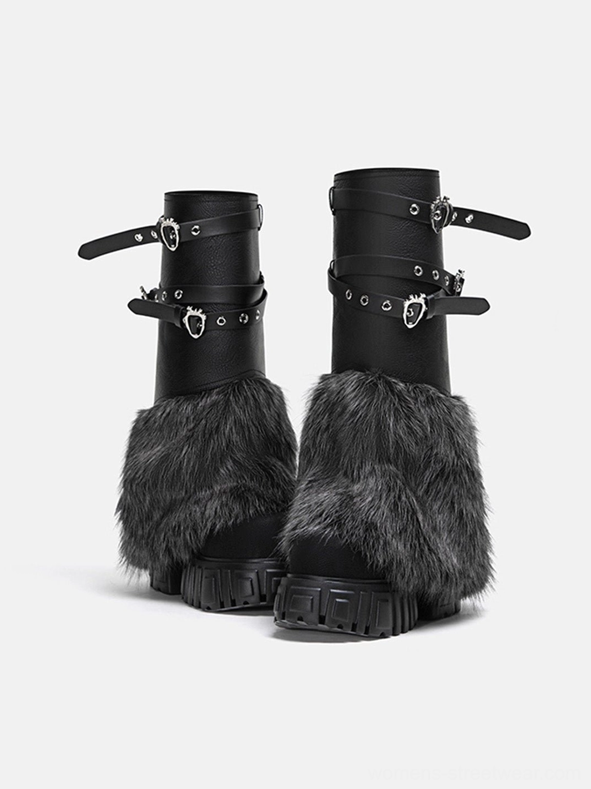 Front view pair of black convertible faux fur buckle strap platform calf boots with grey trim and chunky block soles