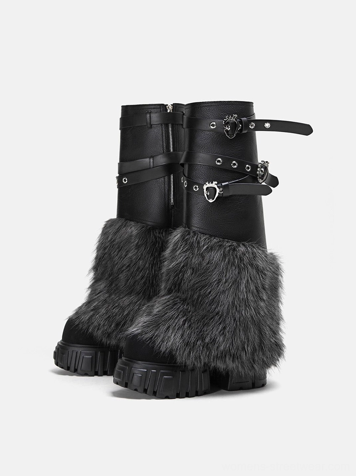 Right side product view of black buckle strap faux fur platform calf boots showing rear hardware, fur panel and block sole