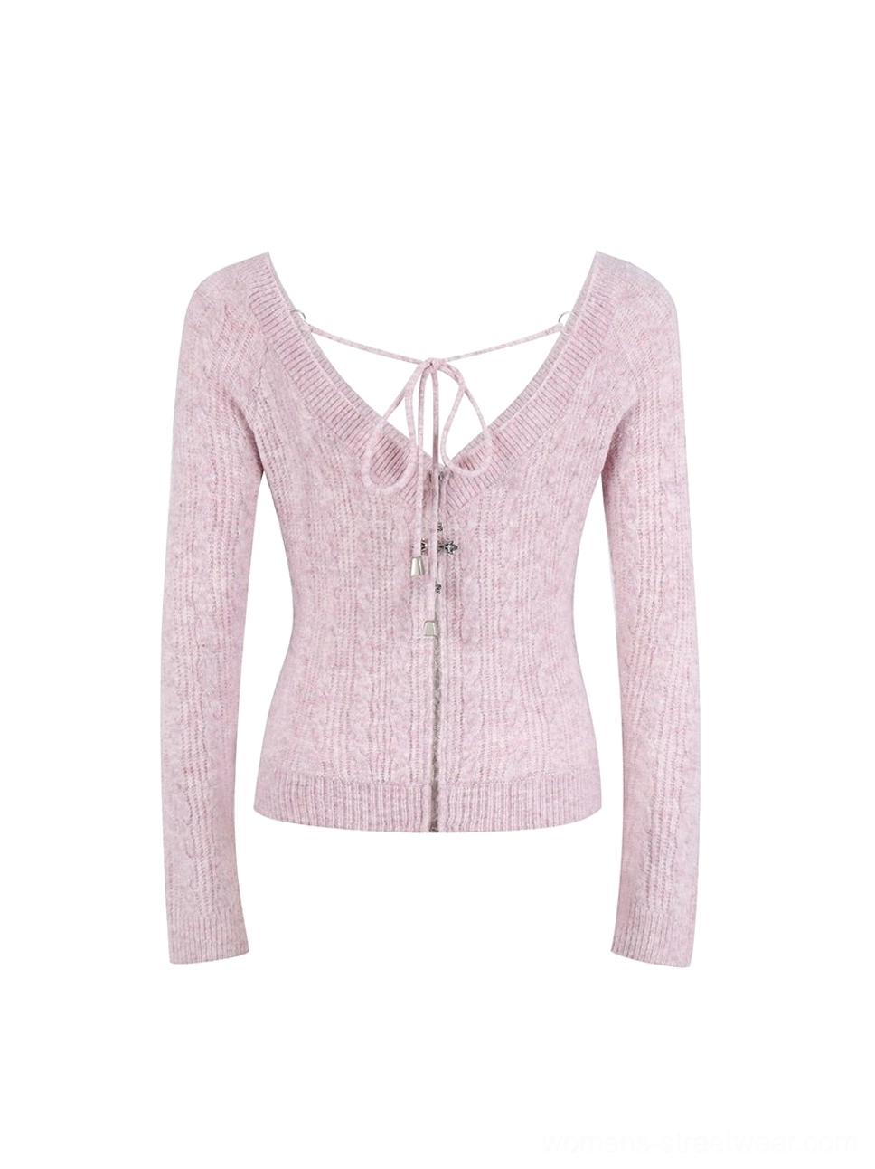 Dusty pink convertible halter-neck cropped knit cardigan flat lay showing the fitted long sleeves and front detail
