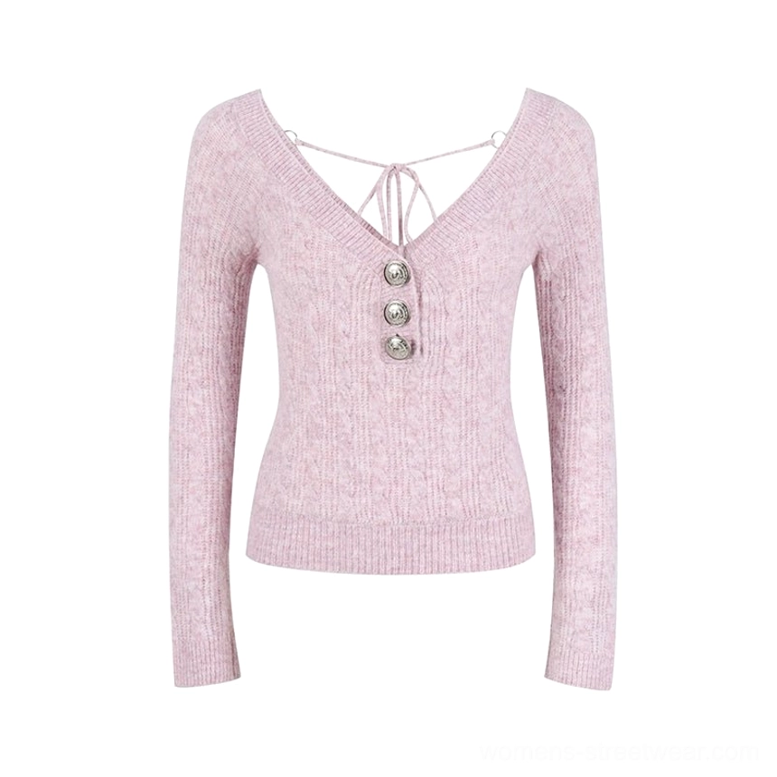 Pink convertible halter-neck cropped knit cardigan for women colorway product view