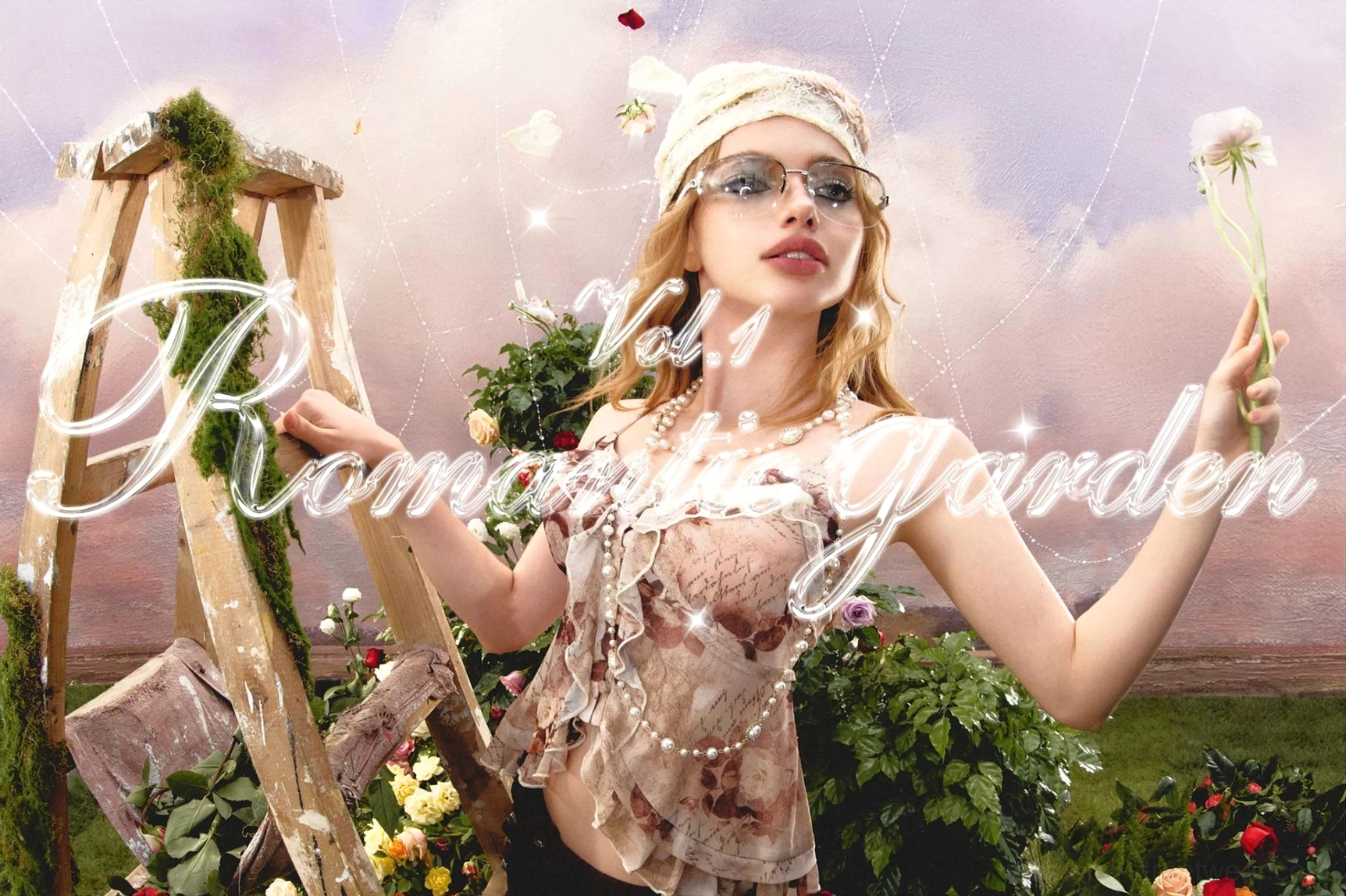 Romantic Y2K garden styling editorial featuring a floral cowl-neck camisole, layered mesh fabric, and retro accessories