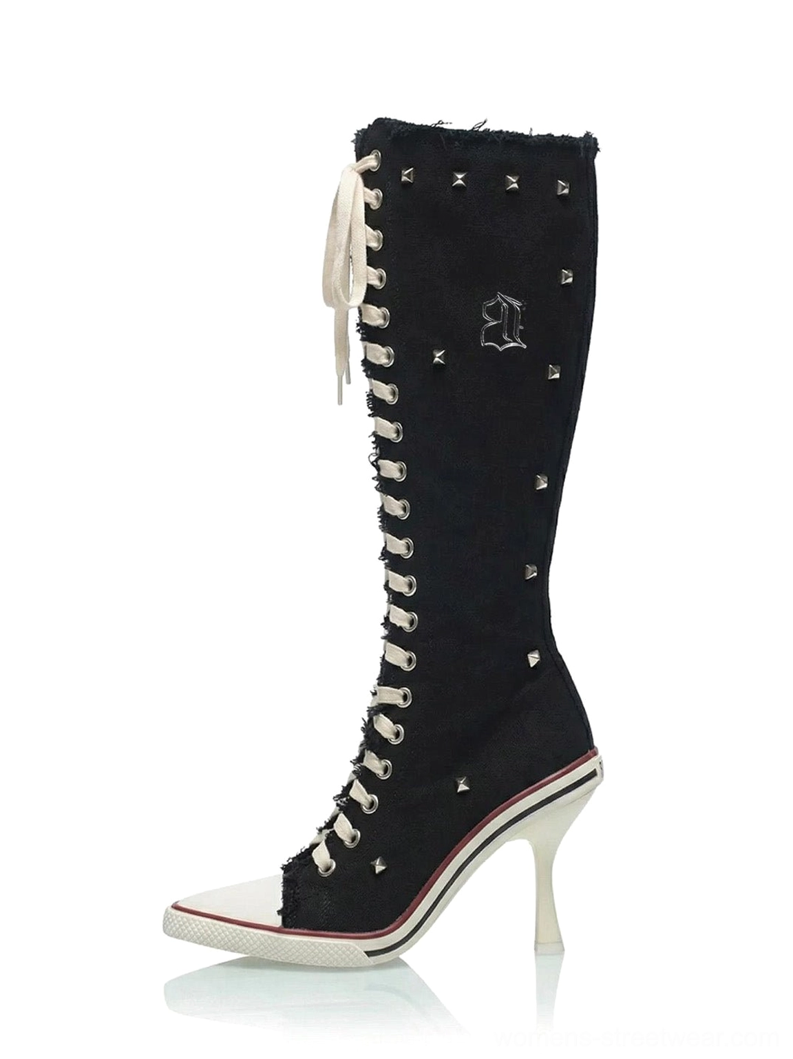 Black corset lace-up knee-high stiletto boots with distressed textile upper, contrast pointed toe cap, and metal eyelet details