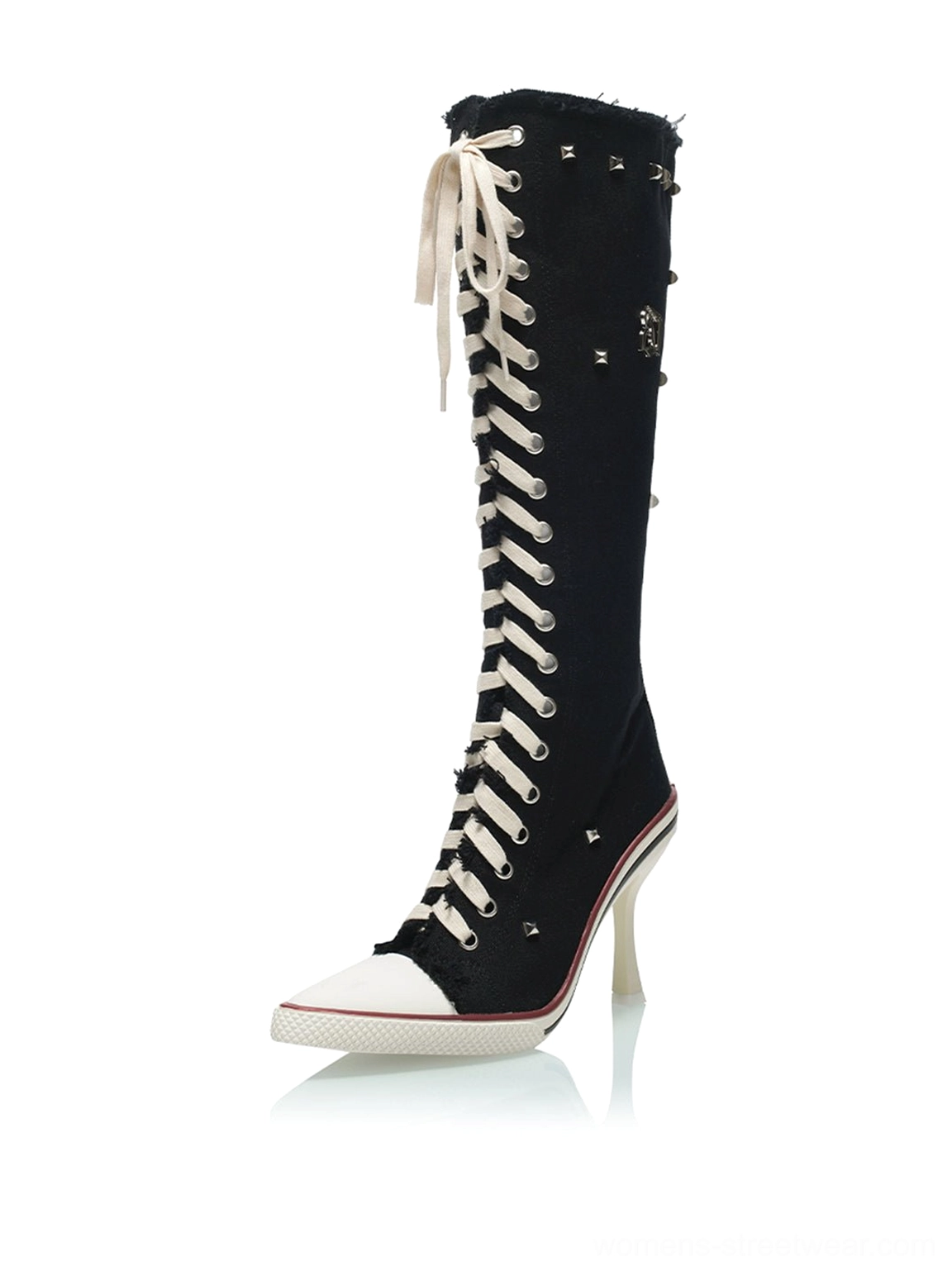 Front view of a black corset lace-up knee-high stiletto boot with distressed canvas texture and metal eyelets