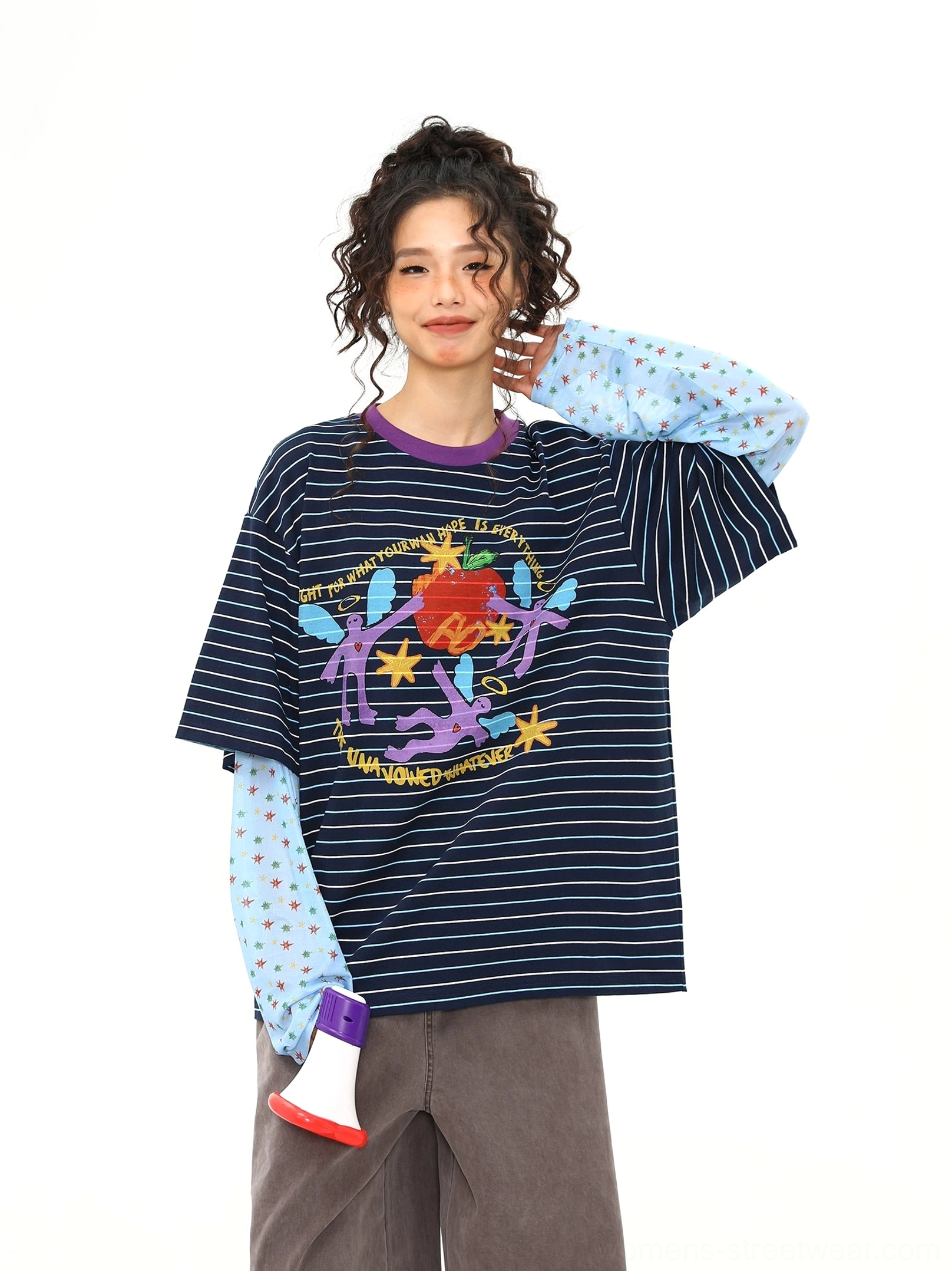 Blue striped graphic streetwear long sleeve T-shirt with colorful cartoon chest print, contrast collar, polka dot sleeves, and relaxed drop shoulder fit