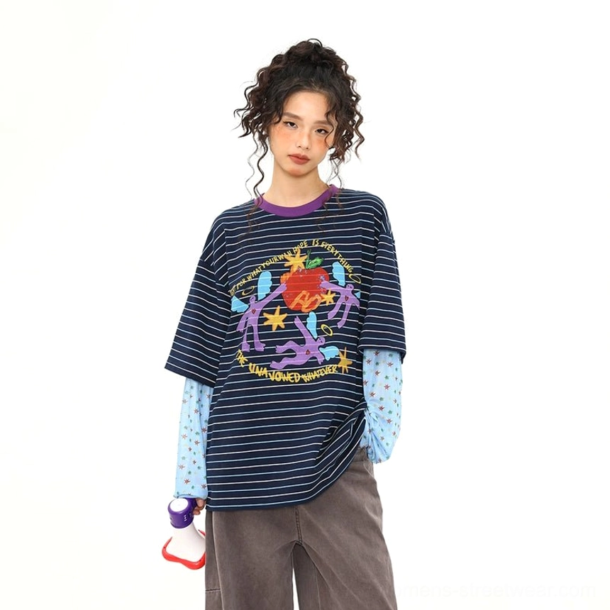 Blue striped graphic long sleeve streetwear T-shirt featuring colorful cartoon artwork, layered polka dot sleeves, contrasting collar, and loose casual fit