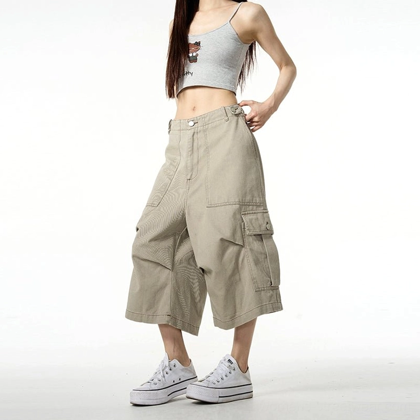 Cotton blend wide-leg cargo trousers with practical pockets and contemporary Korean fashion proportions