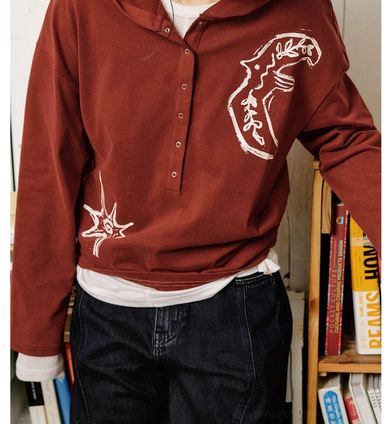 Cotton oversized Henley polo shirt featuring artistic animal and star embroidery for Acubi-inspired streetwear outfits