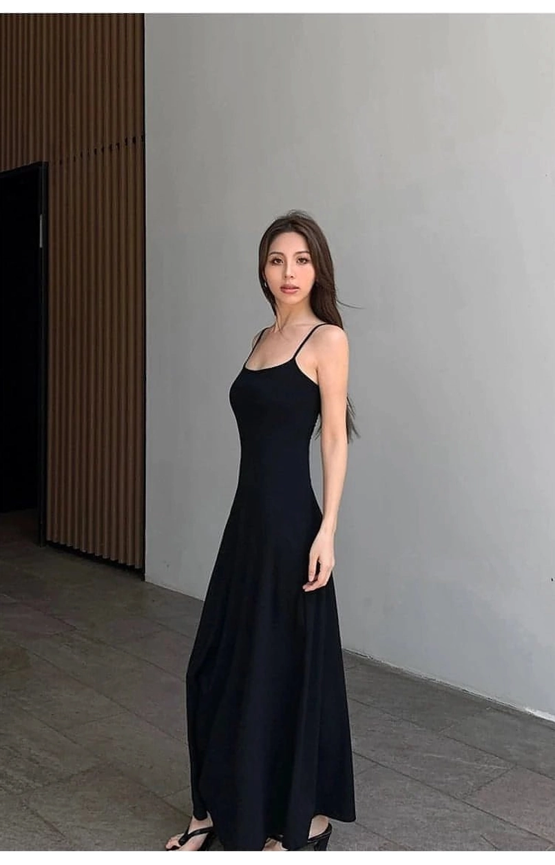Cotton stretch spaghetti strap maxi slip dress with a clean solid color design for everyday wear