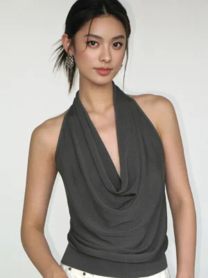 Charcoal gray cowl neck halter top with soft draped neckline and slim Korean streetwear silhouette