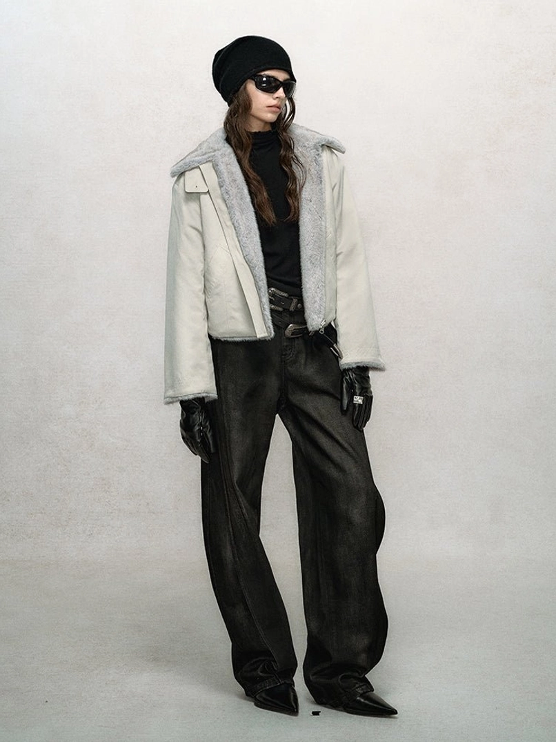 Cozy cropped faux fur winter bomber jacket with contemporary Y2K proportions, soft texture, and relaxed urban fit