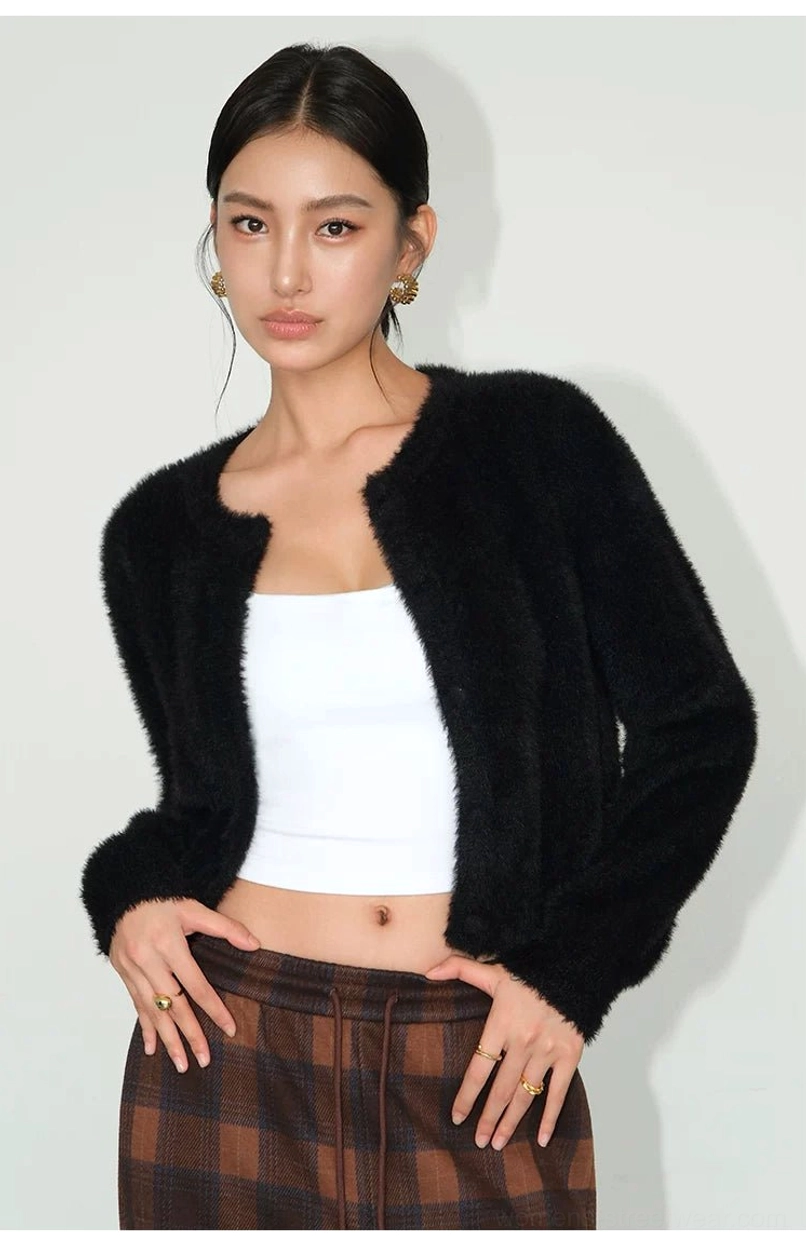 Cozy fuzzy cropped cardigan with button front and lightweight knit texture for Y2K and Seoul streetwear styling