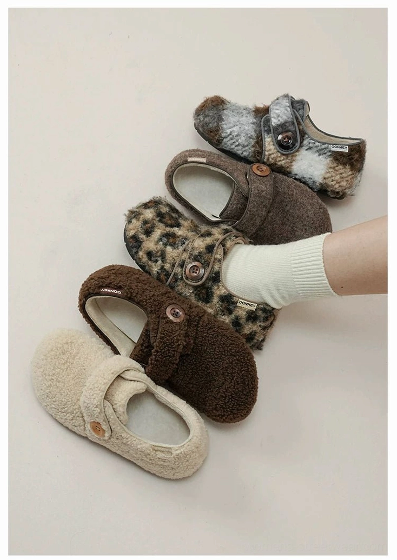 Lifestyle display of assorted fuzzy Mary Jane slippers in beige, brown, leopard, and plaid fleece styles for cozy winter streetwear