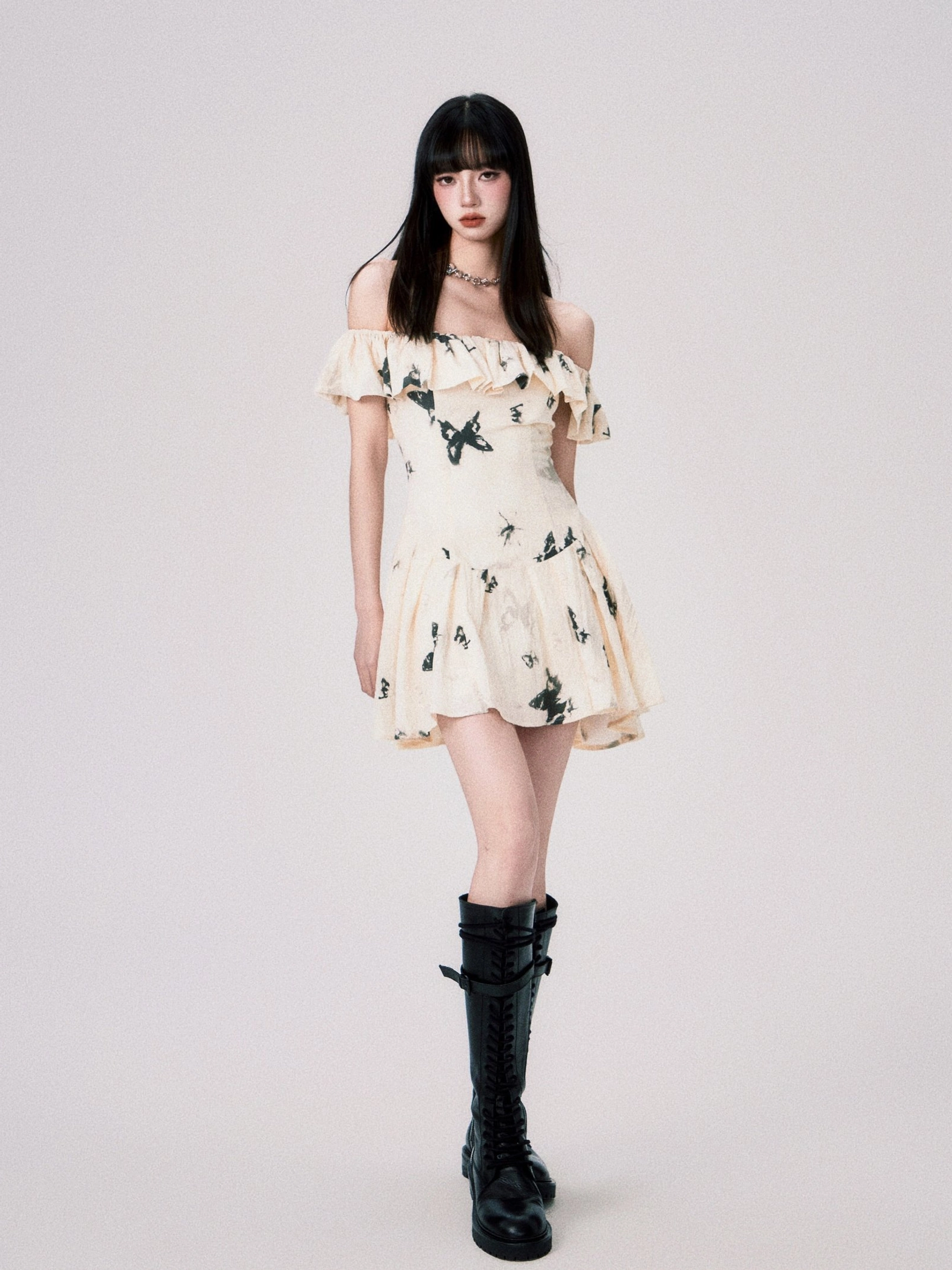 Cream black ink butterfly off-shoulder dress contemporary fashion product view