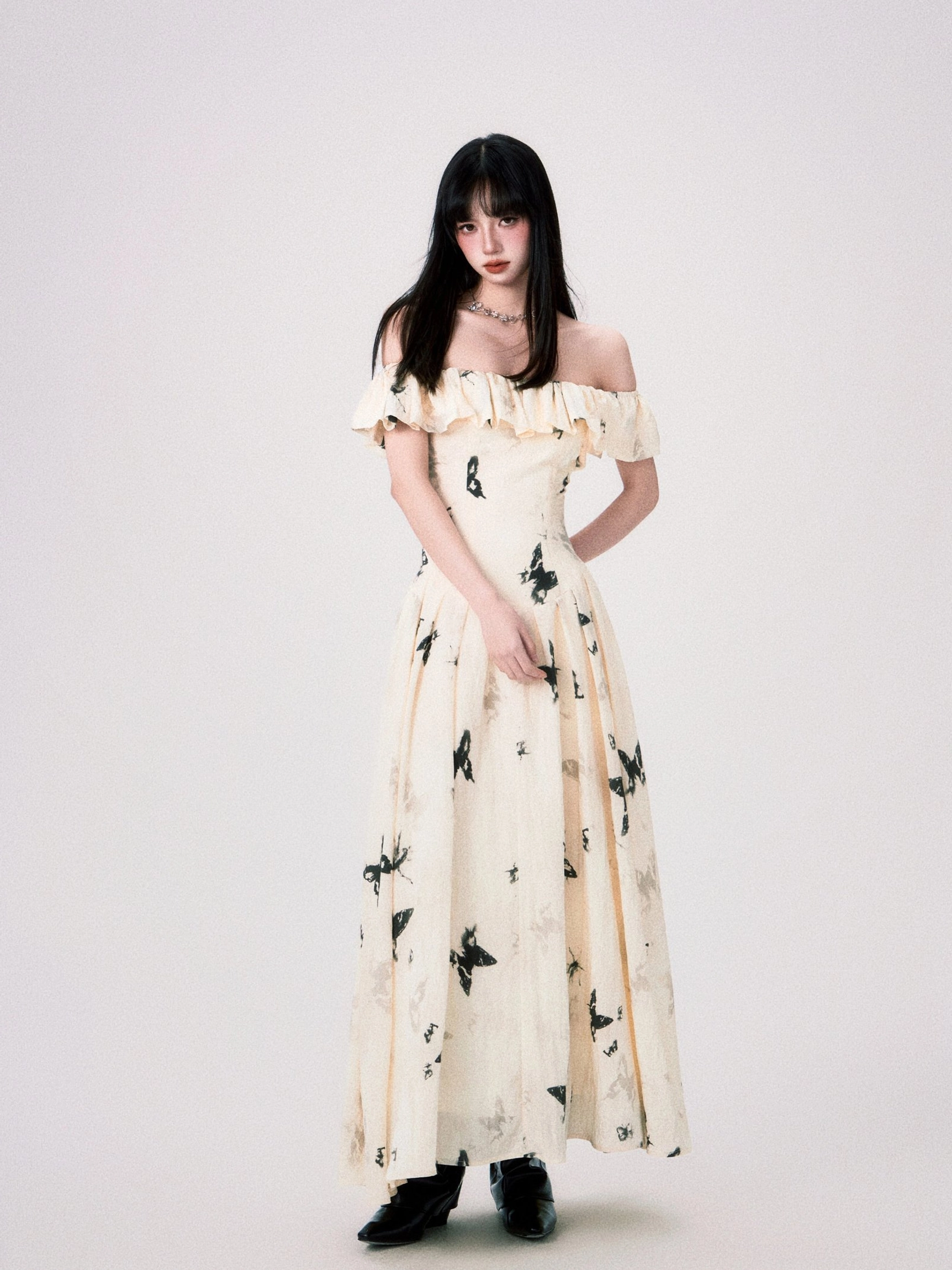 Cream and black ink butterfly off-shoulder ruffle dress styled streetwear view
