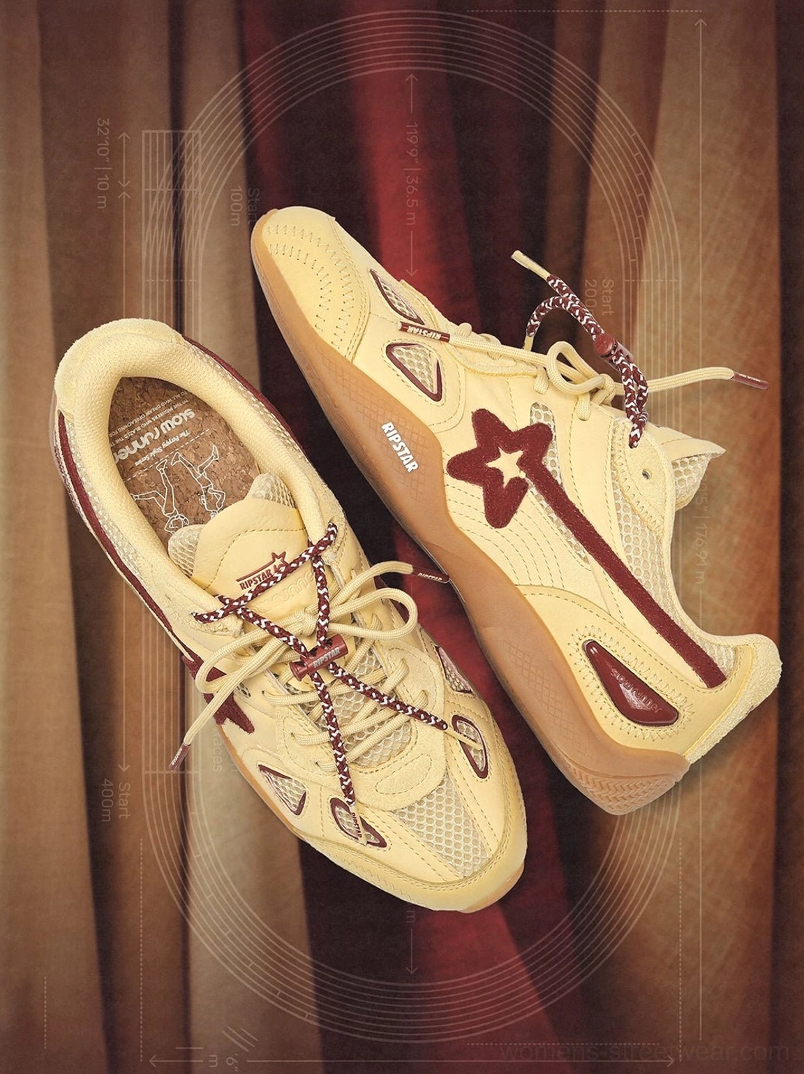 Cream burgundy star retro running sneakers pair with visible breathable insoles, side star logo and textured gum outsole