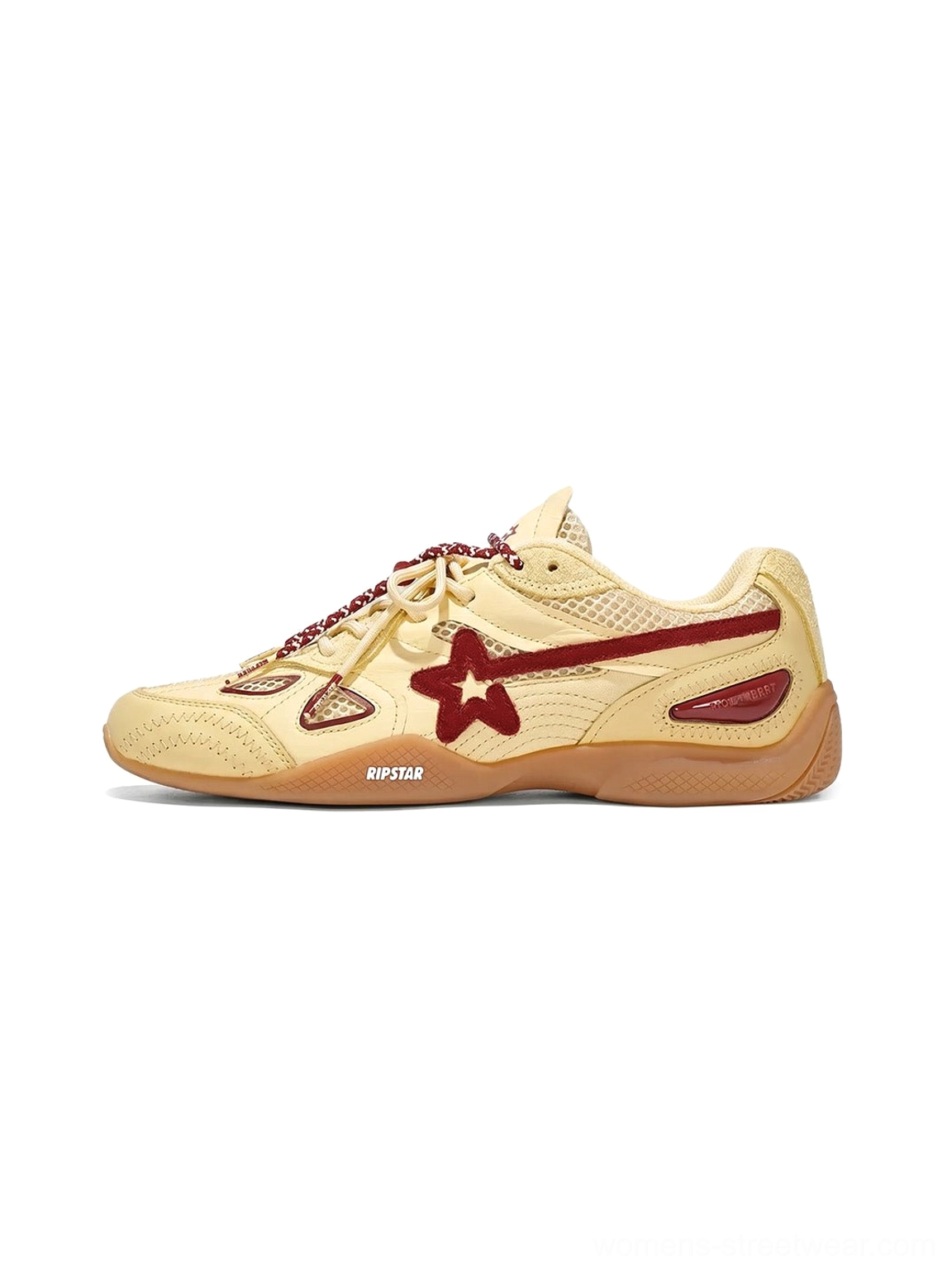 Cream burgundy star retro running sneakers side profile with breathable mesh panels, layered upper and gum rubber sole