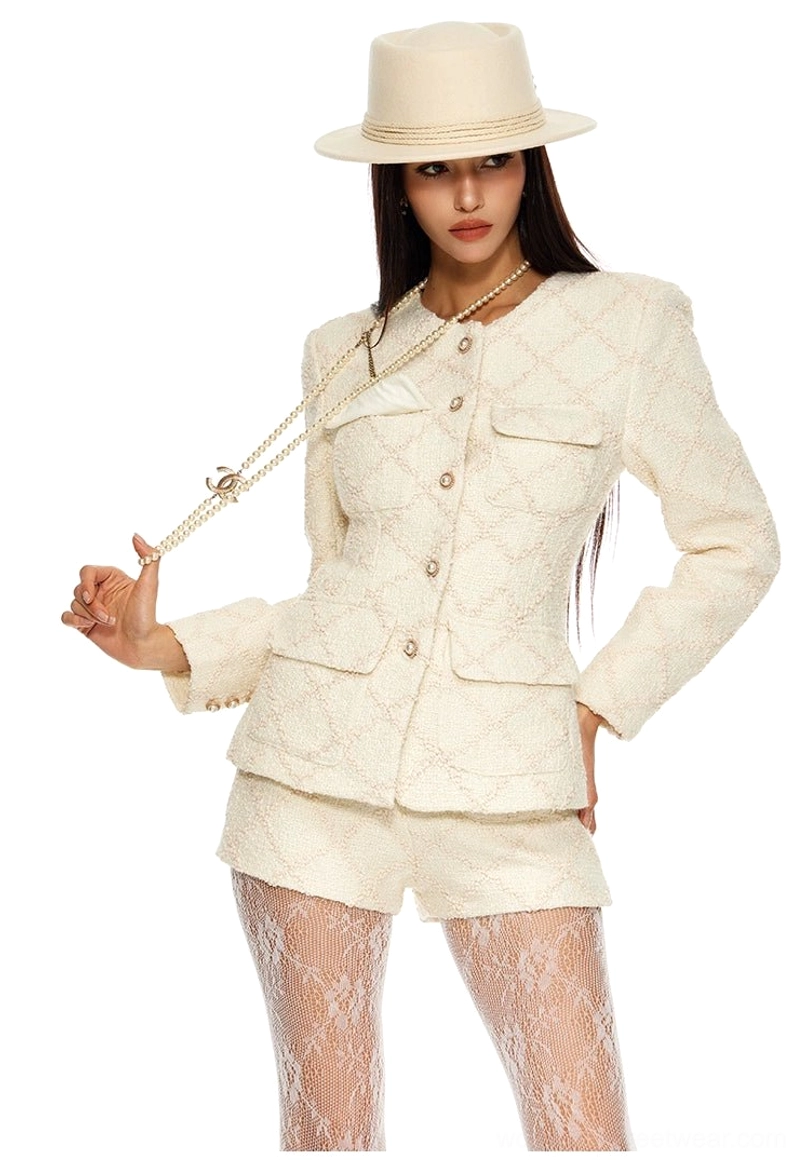 Cream diamond quilted tweed blazer and mini shorts outfit with polished feminine tailoring and modern Korean style